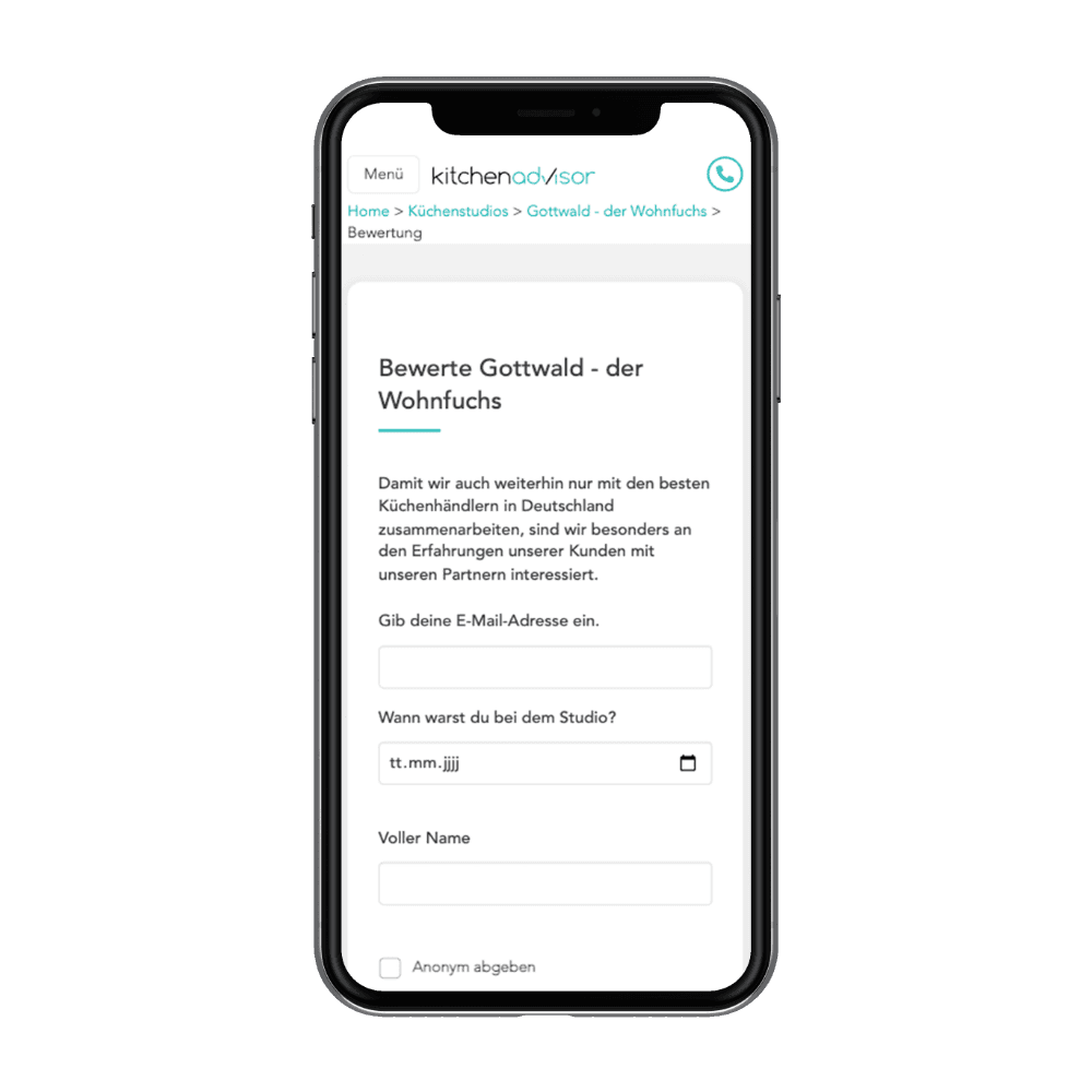 Smartphone mit dem kitchenadvisor-Bewertungsformular für Gottwald – Der Wohnfuchs