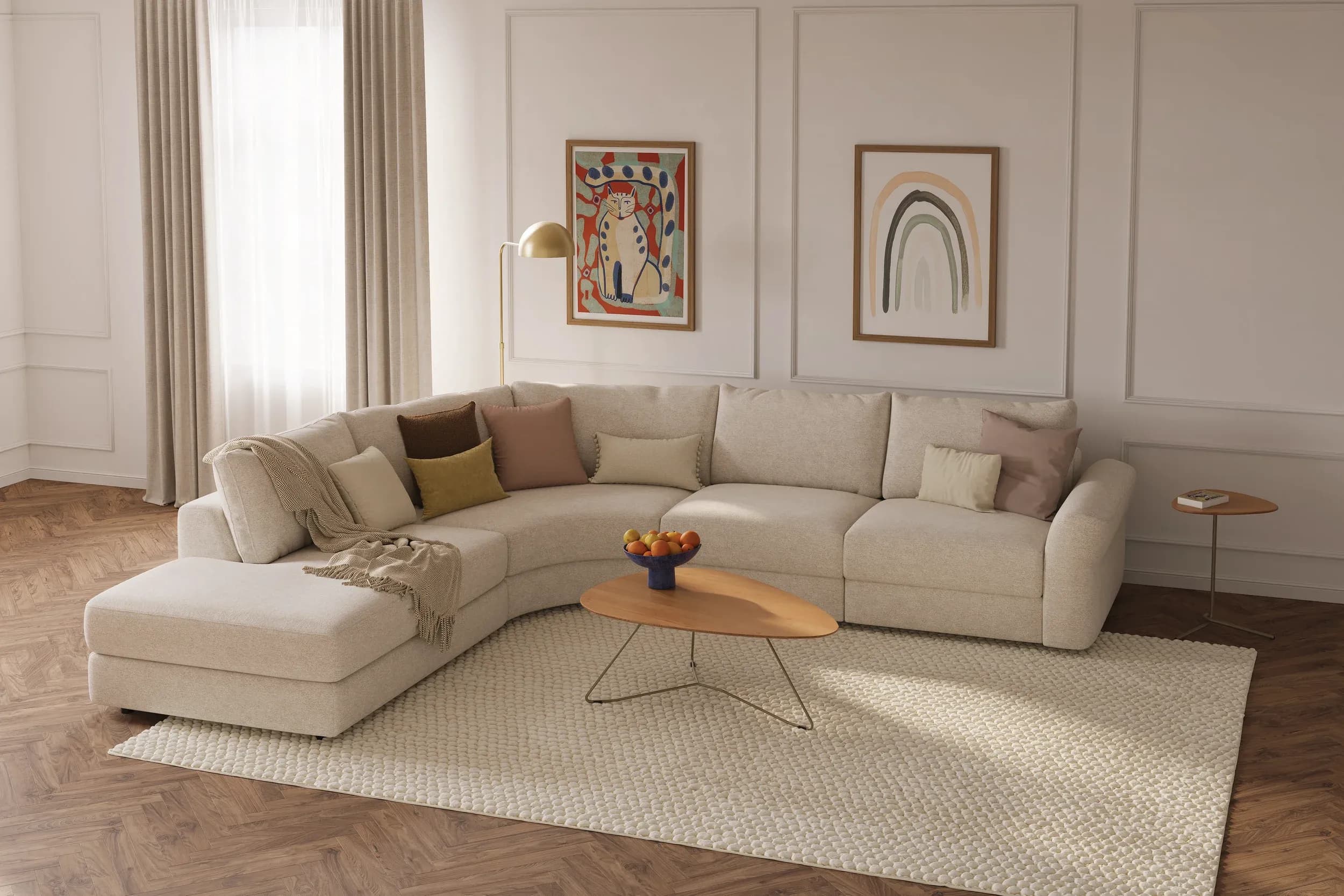 Ecksofa Almeria - Rundecke und Abschlussteil mit 2-Sitzer rechts, Stoff, Offwhite