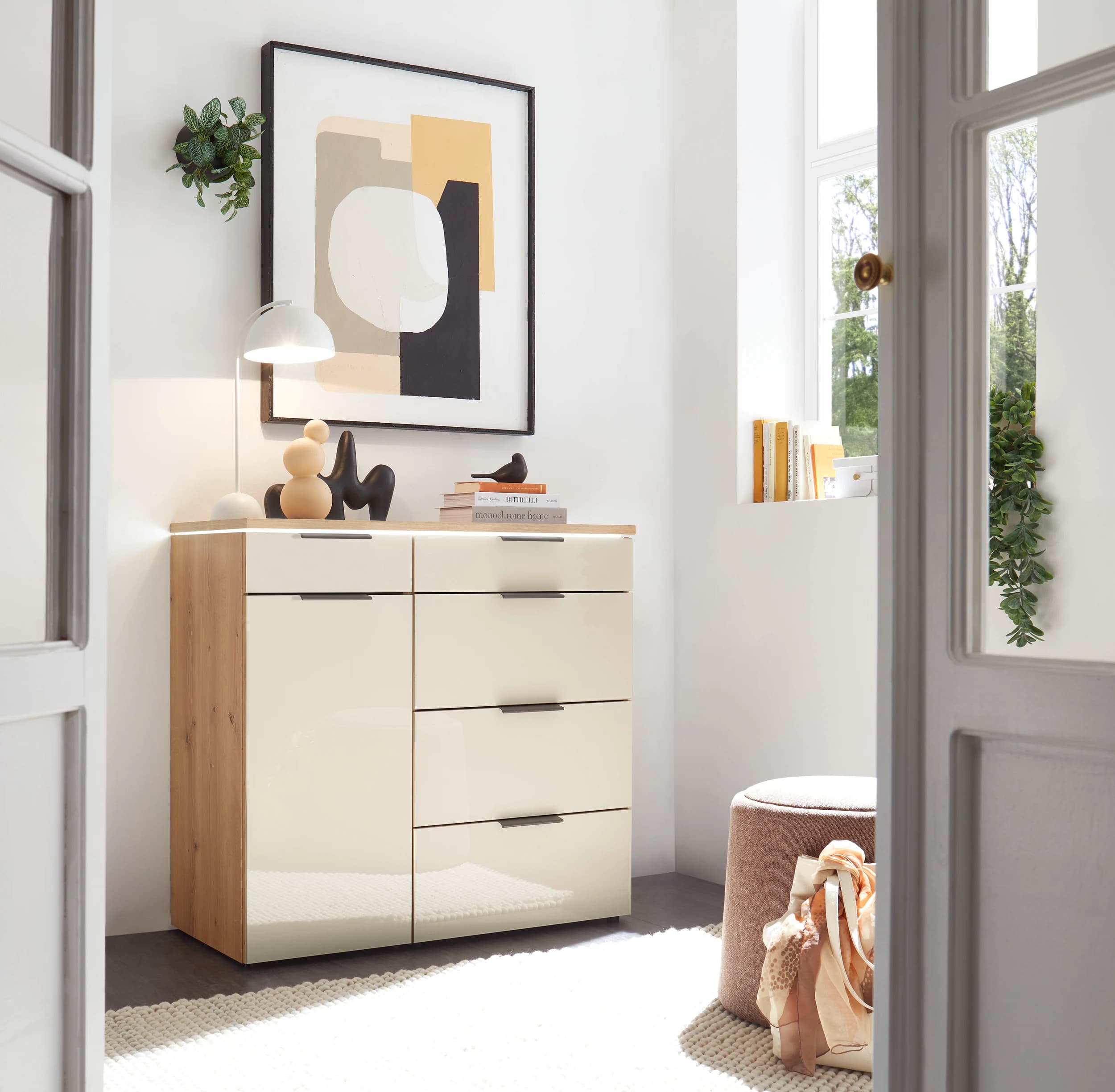 Kombikommode - Bianco-Eiche-Nachbildung, Glas Champagner