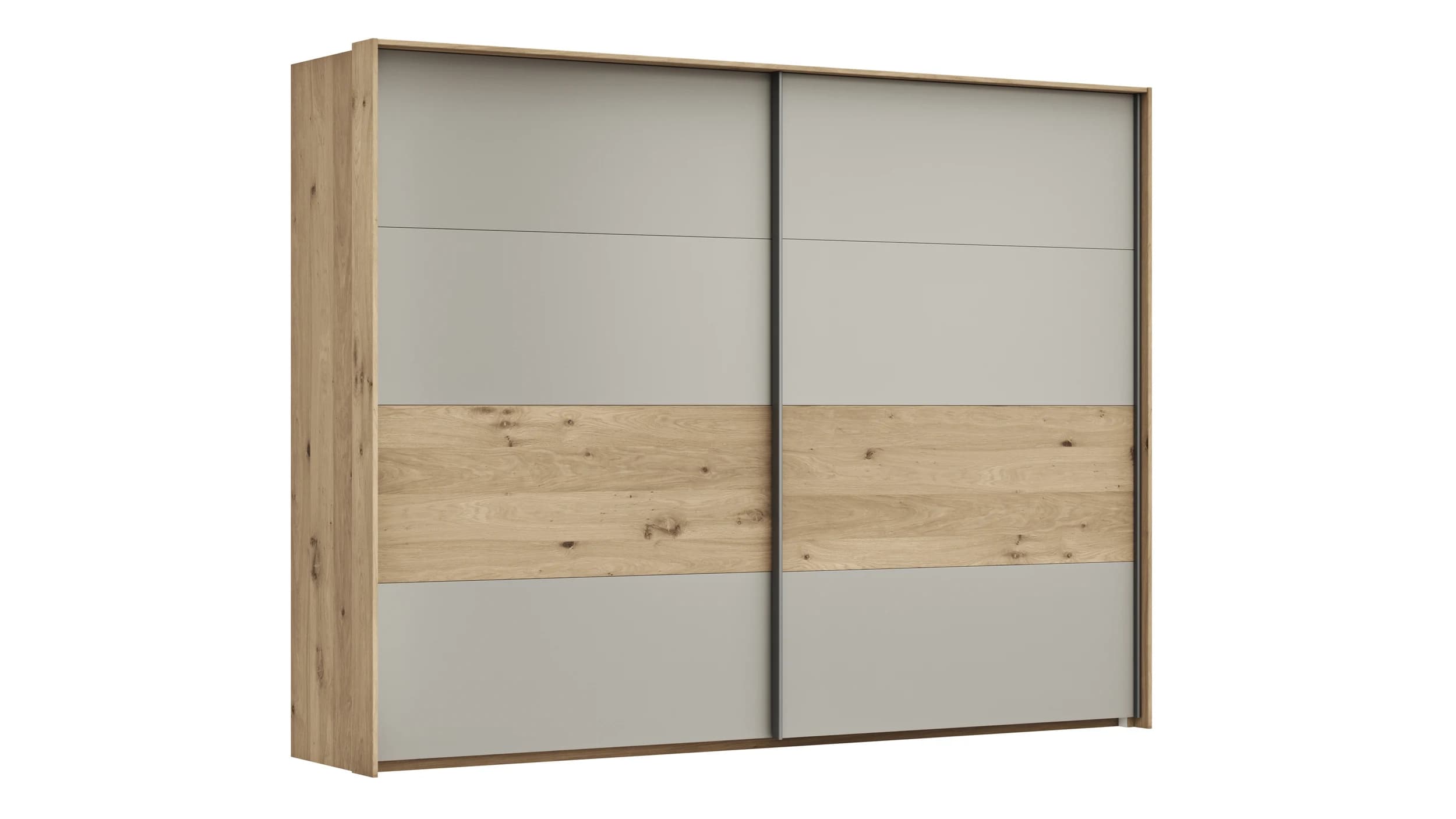 Schwebetürenschrank Viana - B ca. 278 cm, Furnier, Balkeneiche, Hellgrau
