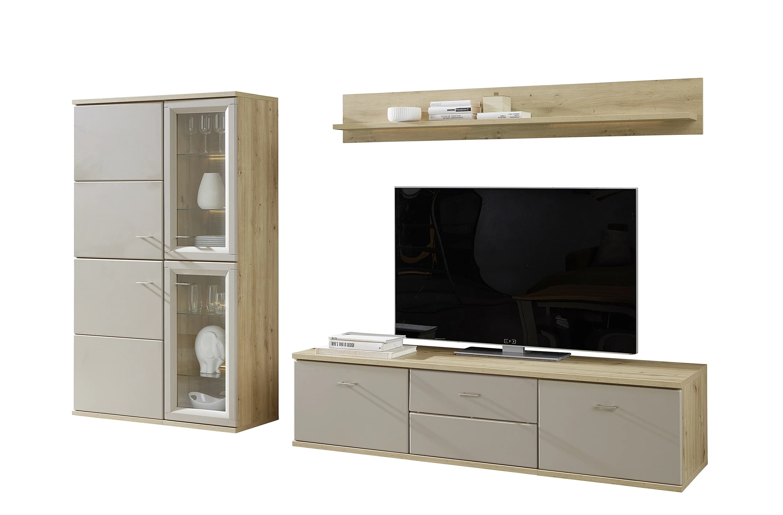 Wohnwand EM Locarno - mit Wandboard, Grau, Risseiche