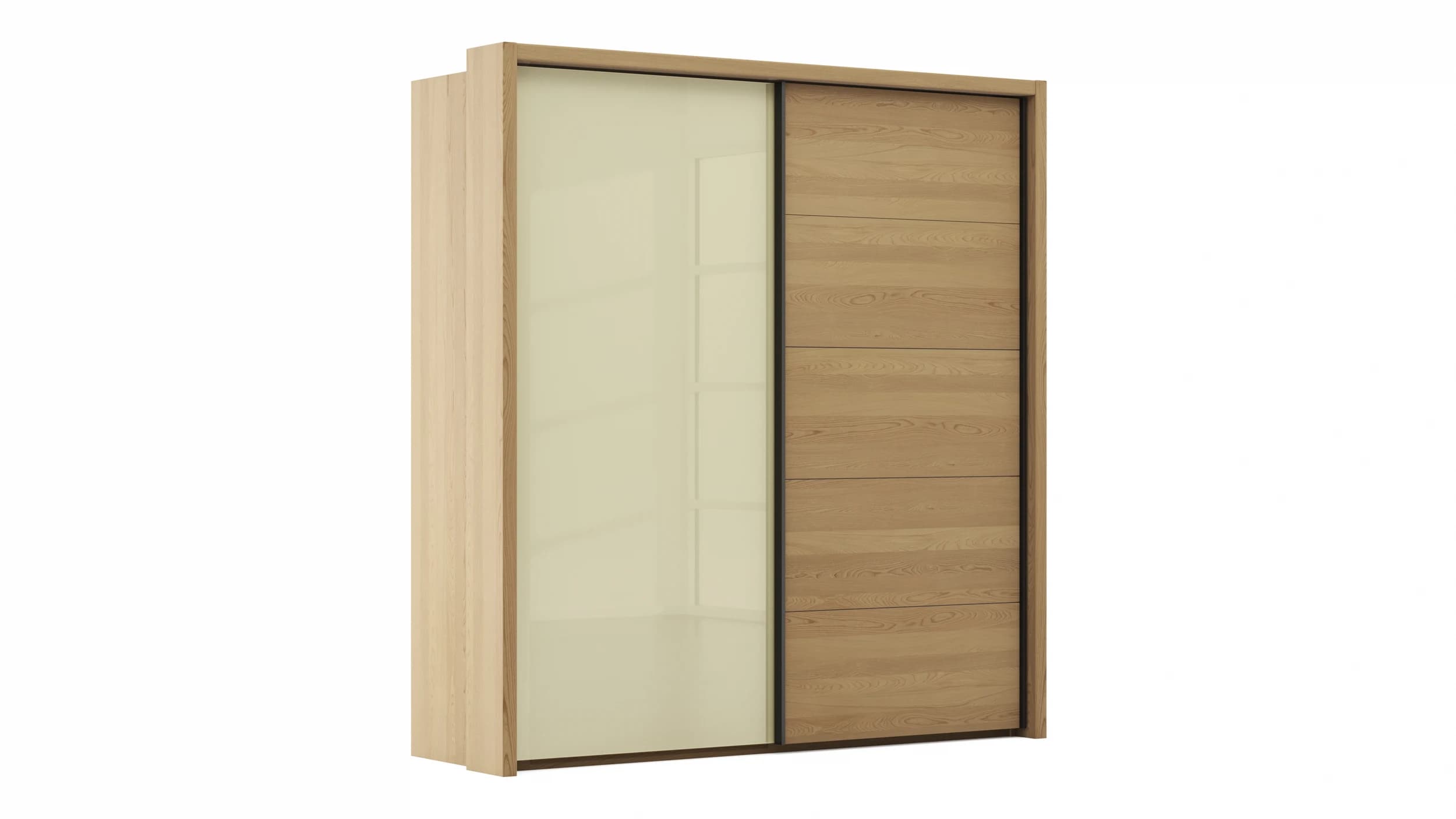 Schwebetürenschrank Lenoso - B. ca. 210 cm, Eiche massiv, Glas Champagner