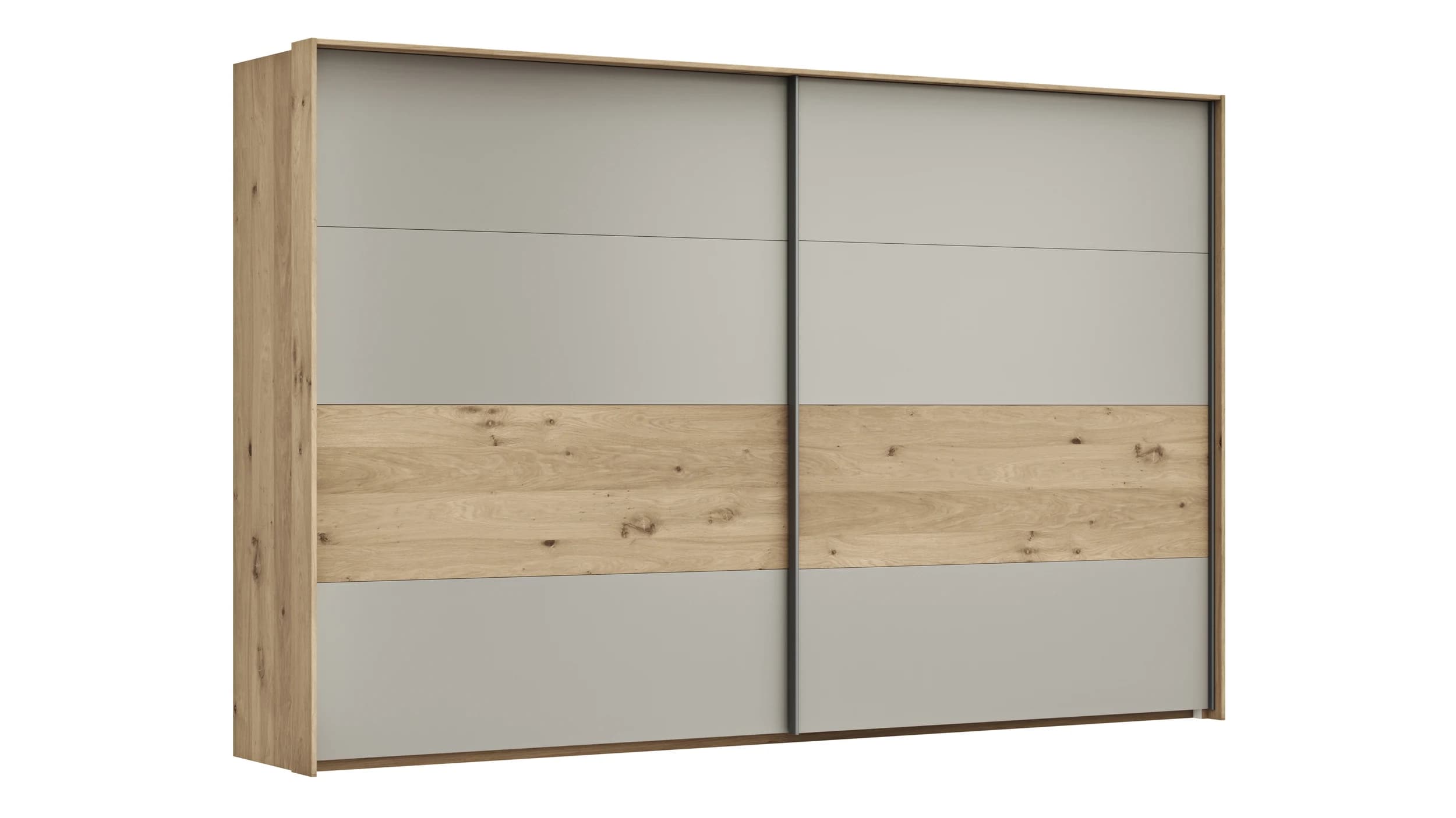 Schwebetürenschrank Viana - B ca. 338 cm, Furnier, Balkeneiche, Hellgrau