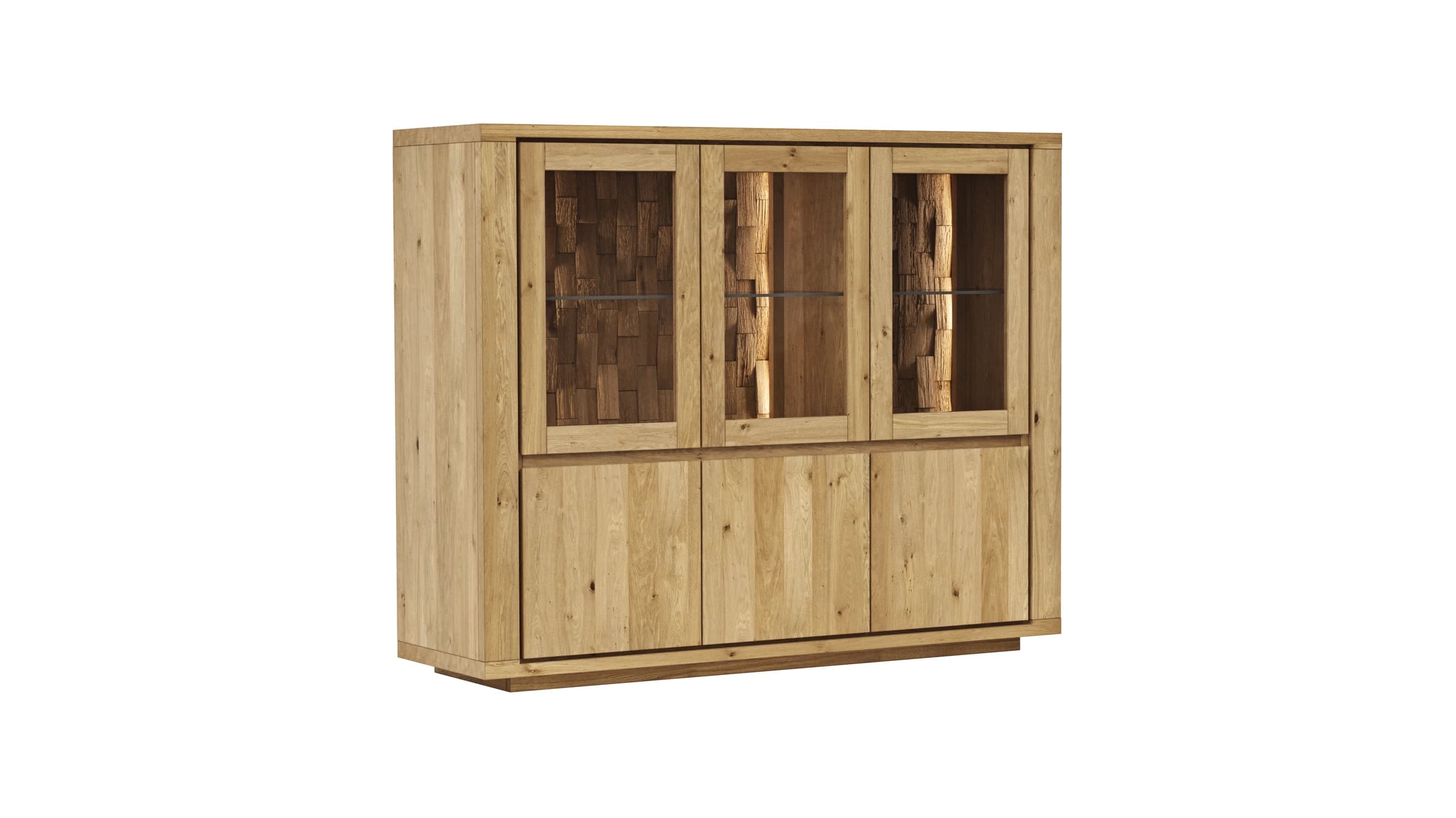 Highboard Bakersfield - inkl. Beleuchtung, Rückwand mit Holzschindeln, Asteiche massiv, geölt