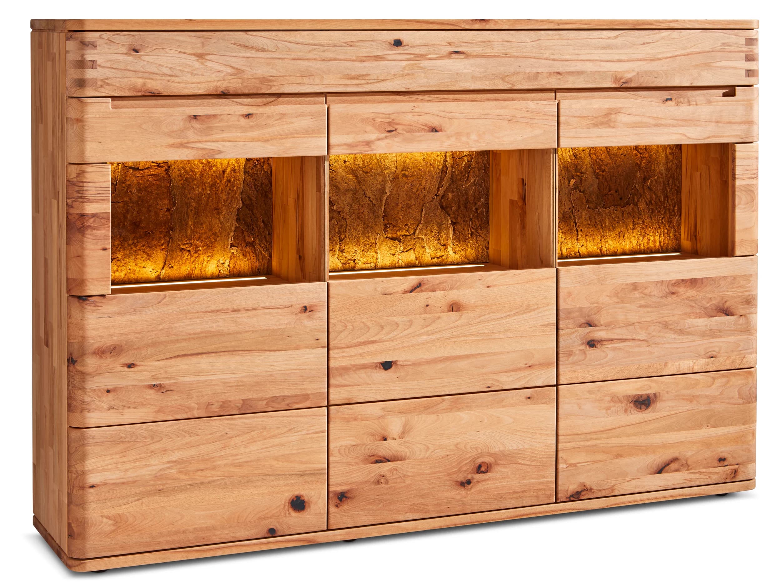 Highboard Cartago Soft - inkl. Beleuchtung, Astbuche massiv, natur geölt