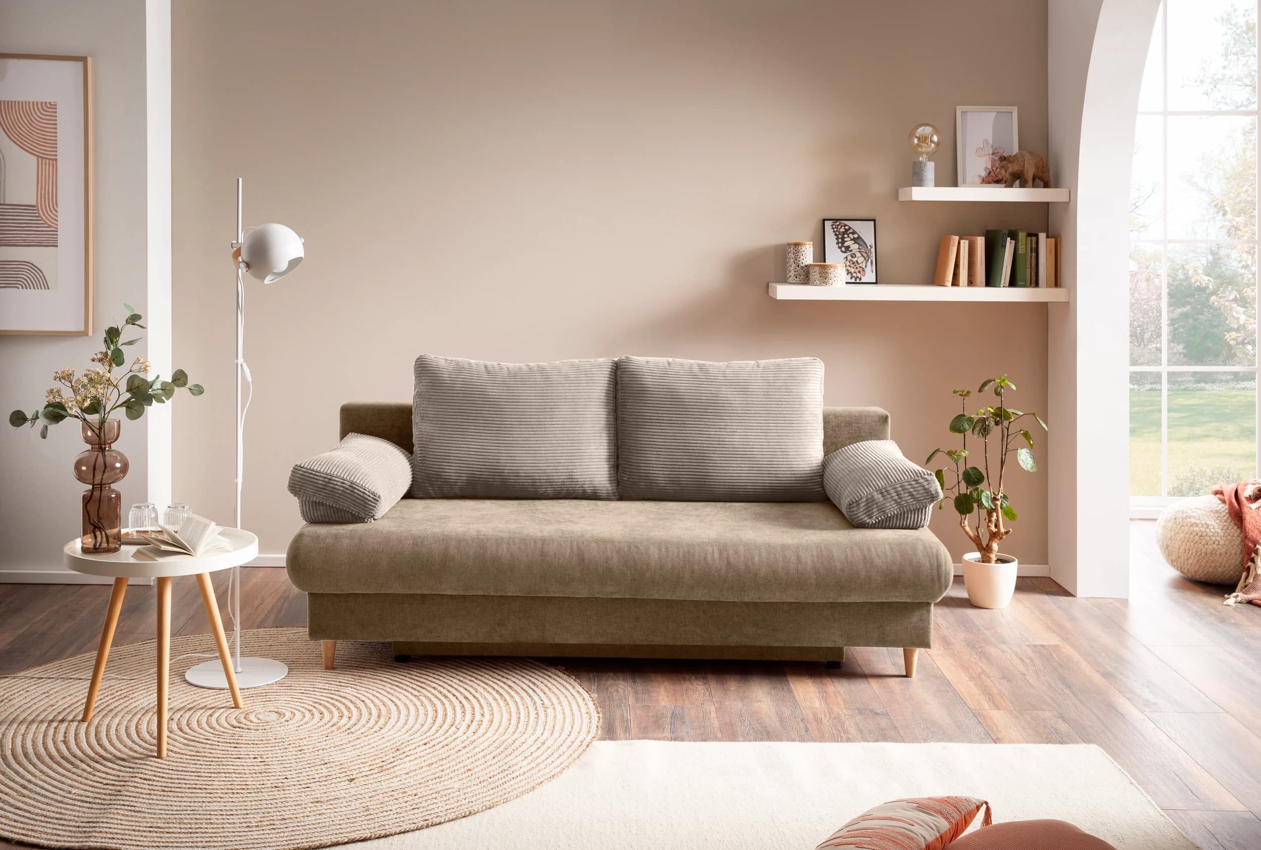Schlafsofa - 2-Sitzer inkl. Schlaffunktion und Bettkasten, Stoff, Hellbraun