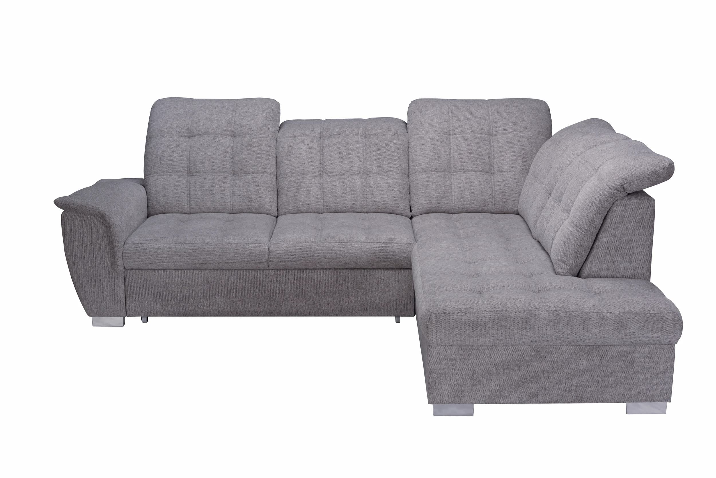 Ecksofa - 2-Sitzer, Ecke rechts inkl. Schlaffunktion und Bettkasten, verstellbare Kopfstützen, Stoff, Grau