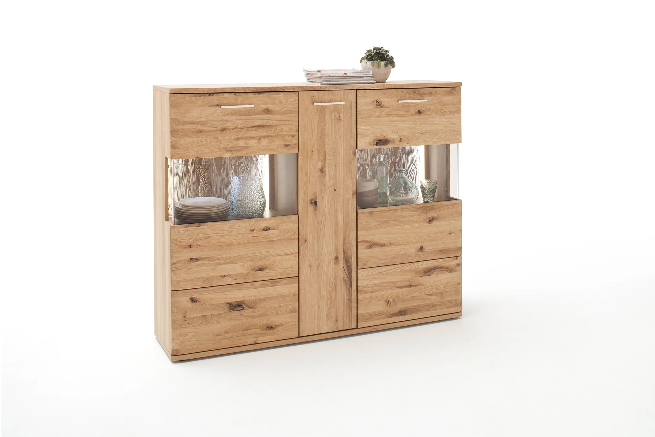 Highboard - mit Beleuchtung, Eiche teilmassiv