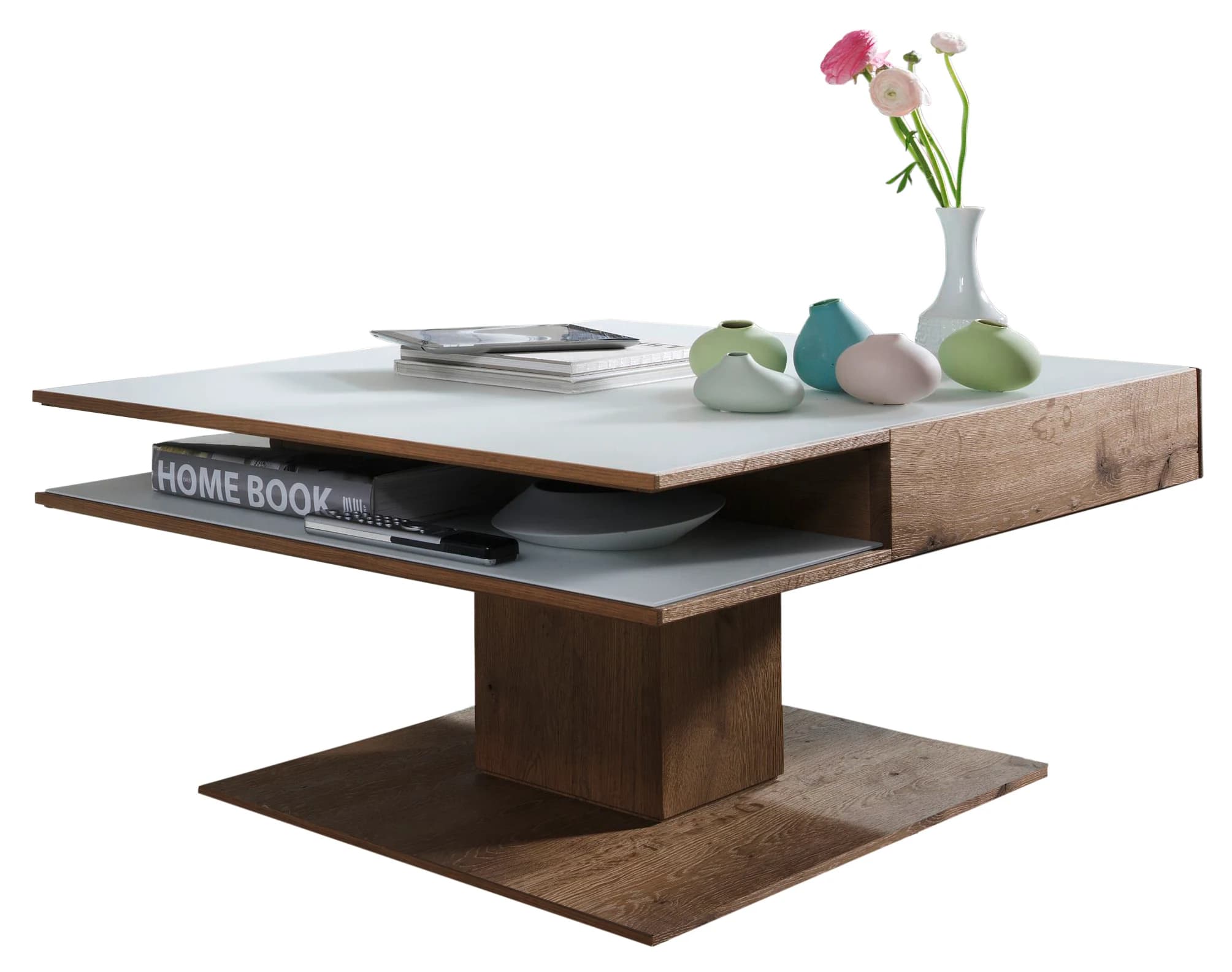 Couchtisch - Schublade, LBH105x75x46 cm, Kerneiche massiv, Mattglas, Weiß