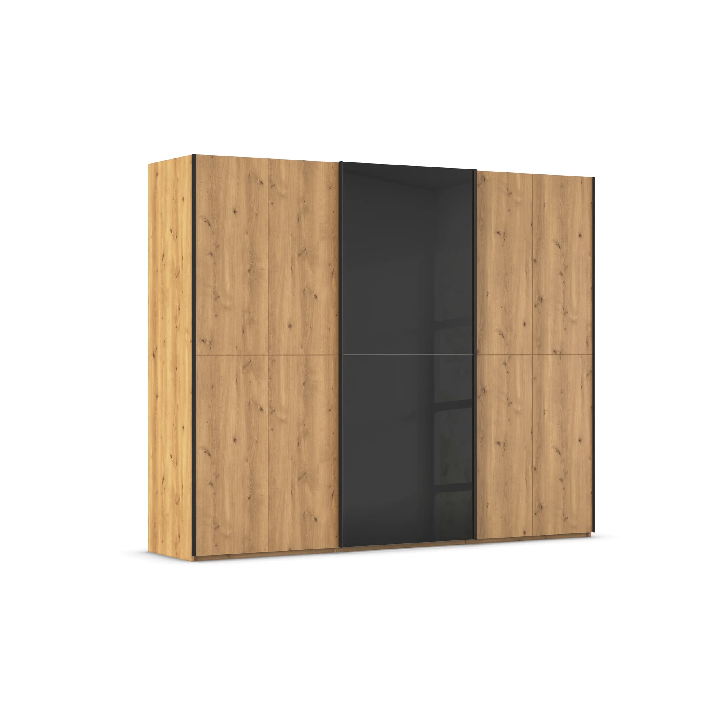 Schwebetürenschrank - B. ca. 271 cm, Front Asteiche massiv, Mitteltür Farbglas Schwarz