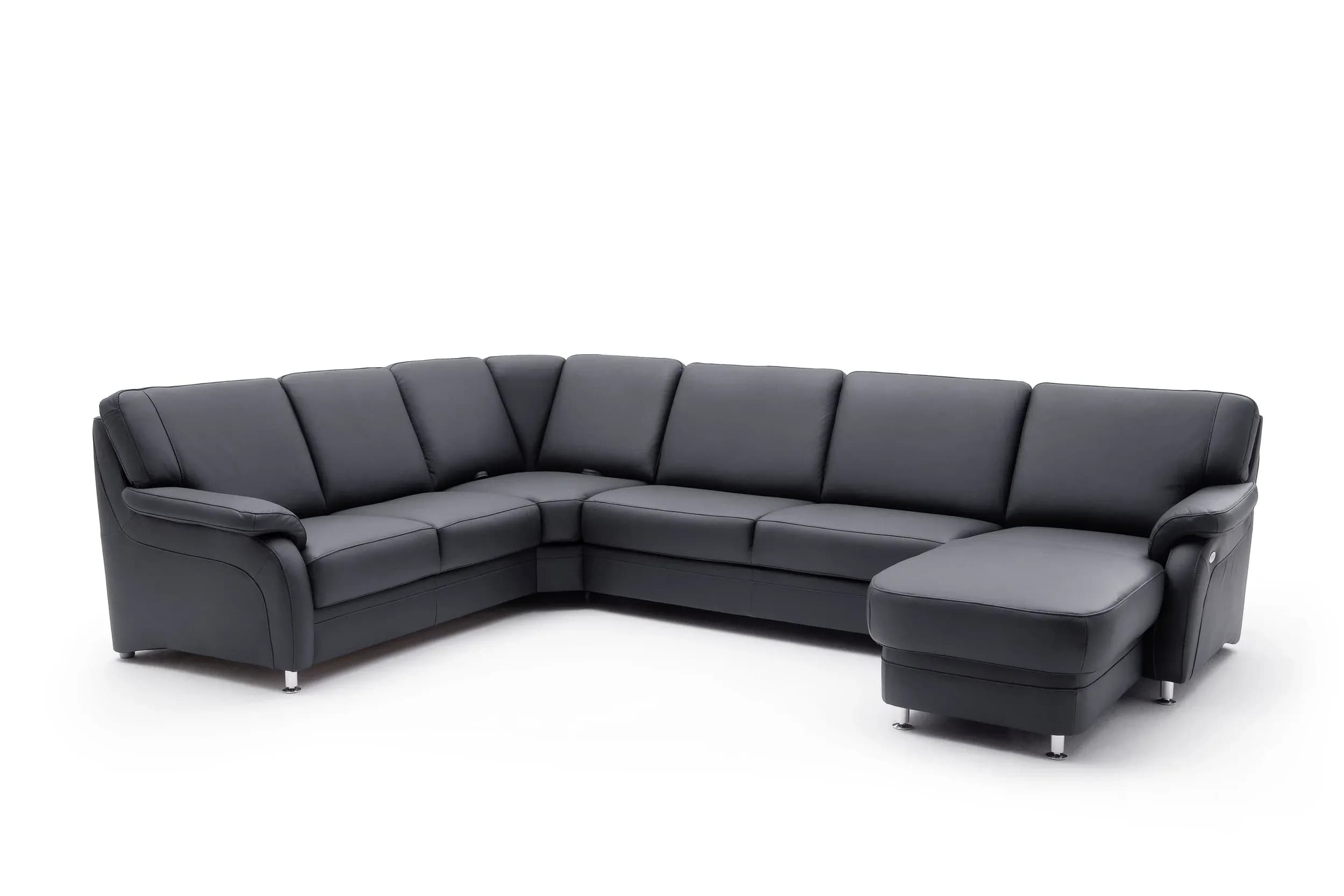 Wohnlandschaft - Ecke links mit 2,5-Sitzer und Longchair rechts, Leder, Schwarz