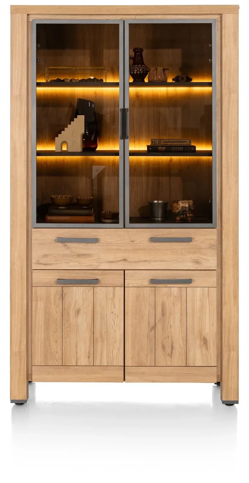 Delmonte, Vitrine 110 cm - 2-Glastüren + 2-Türen + 1-Lade (+ LED)